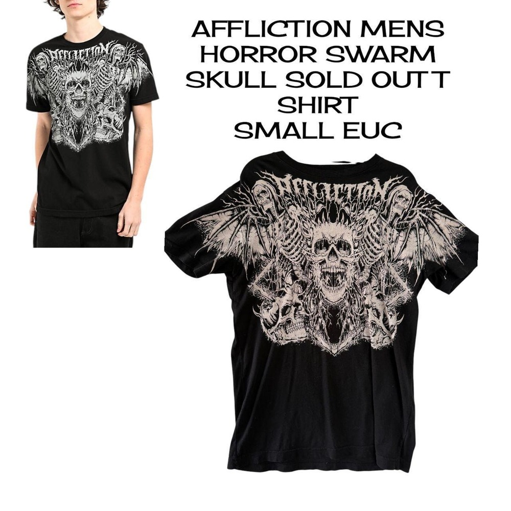 🔥 MALL GOTH GRAIL — AFFLICTION "HORROR SWARM" BLACK TEE 🔥SMALL EUC